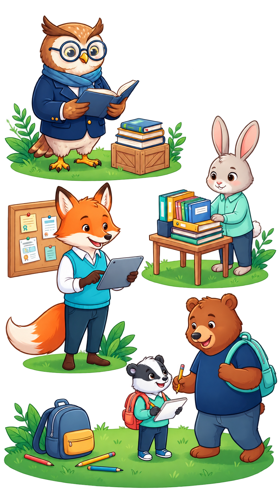Friendly school team of illustrated animals with books and school supplies